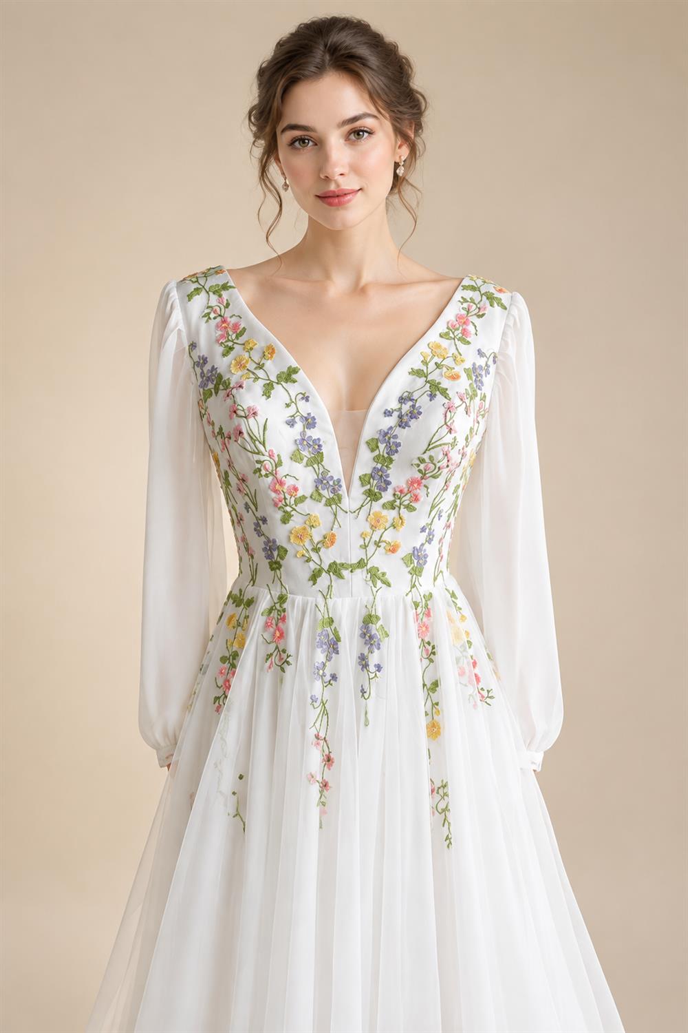 Embroidery Flower Puff Sleeve Boho Wedding Dress Lace Up Back Chiffon Floor-length A-line Bridal Gown Customized