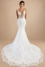 Satin Mermaid Wedding Dress Customized Plunging Backless Bridal Dress Trouwjurken Vintage Lace Receipt Wedding Gown