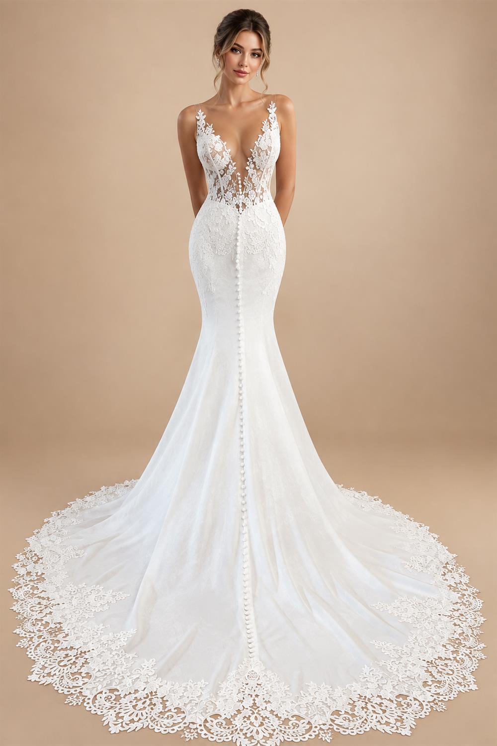 Satin Mermaid Wedding Dress Customized Plunging Backless Bridal Dress Trouwjurken Vintage Lace Receipt Wedding Gown