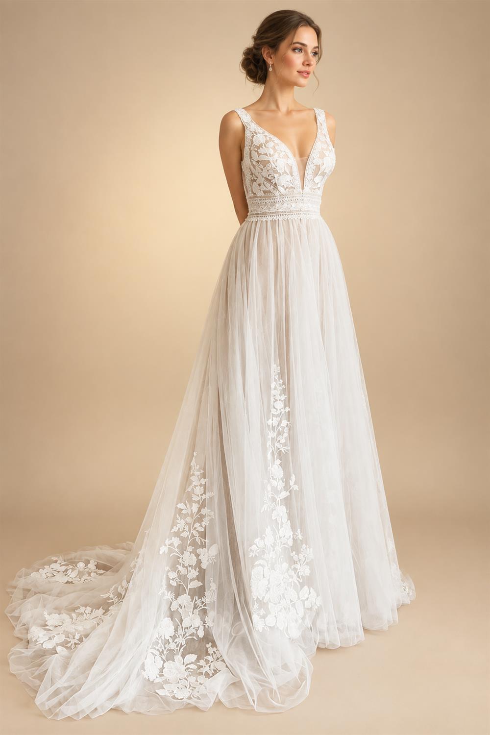 V Neck Lace Appliques Boho Wedding Dress for Women Hochzeitskleid Robe Civil Boho Bridal Gown Vestido Novia