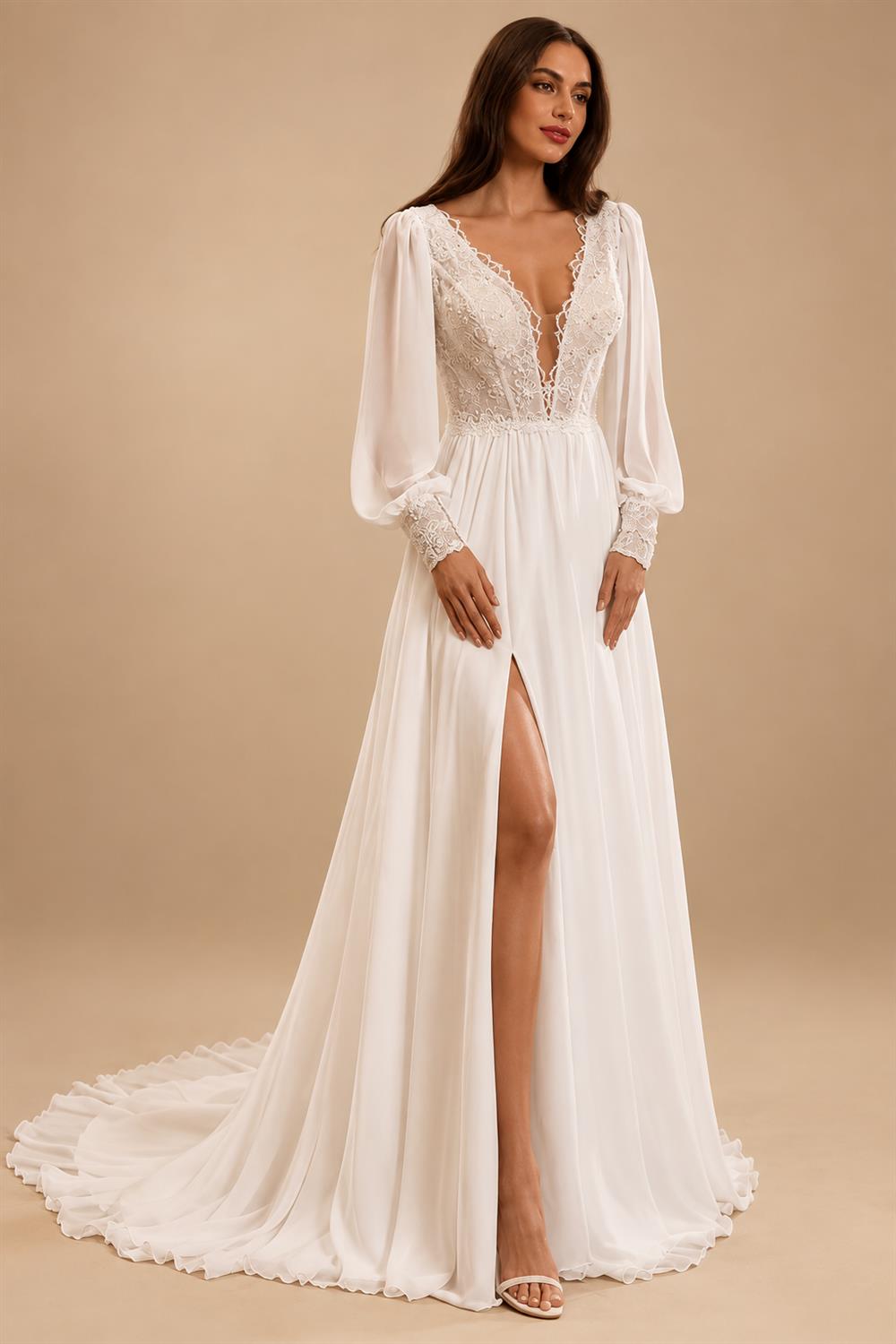 Chic Chiffon Beach Wedding Dress for Women V-neck Puff Sleeves A-line High Slit Vestidos De Novia Customized