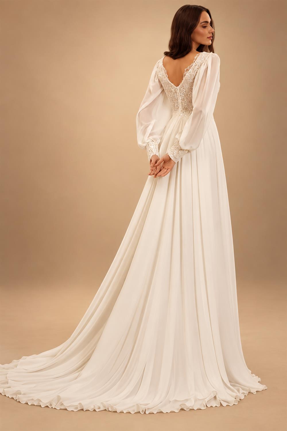 Chic Chiffon Beach Wedding Dress for Women V-neck Puff Sleeves A-line High Slit Vestidos De Novia Customized