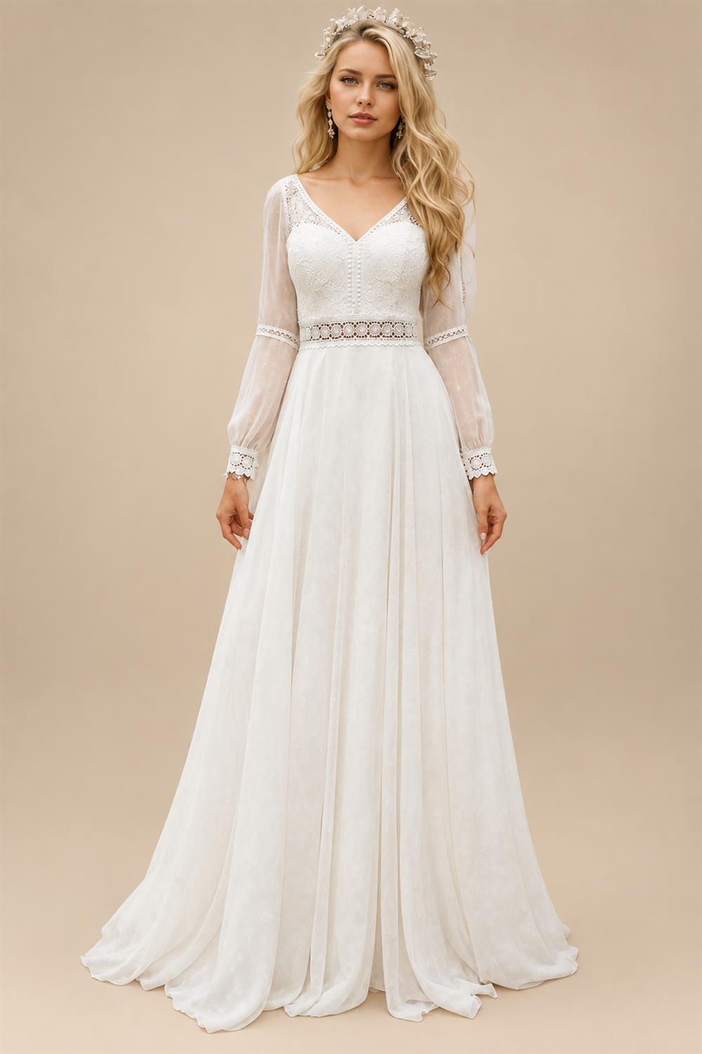 Vestidos Puffy Chiffon Long Sleeve Boho Wedding Dress for Women 2026 Plus Size Bridal Beach Wedding Gowns Customized
