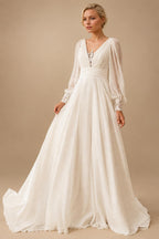 A-Line Wedding Dress Puff Sleeve Illusion Back Chiffon Civil Vestido De Noiva Applique For Women Customized