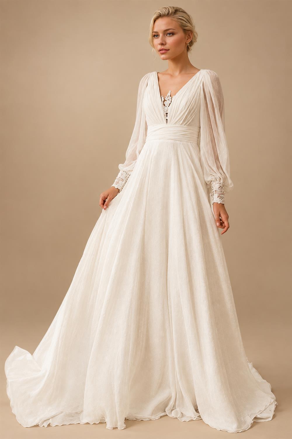 A-Line Wedding Dress Puff Sleeve Illusion Back Chiffon Civil Vestido De Noiva Applique For Women Customized