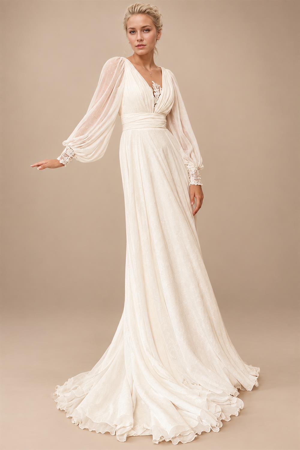 A-Line Wedding Dress Puff Sleeve Illusion Back Chiffon Civil Vestido De Noiva Applique For Women Customized