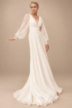 A-Line Wedding Dress Puff Sleeve Illusion Back Chiffon Civil Vestido De Noiva Applique For Women Customized
