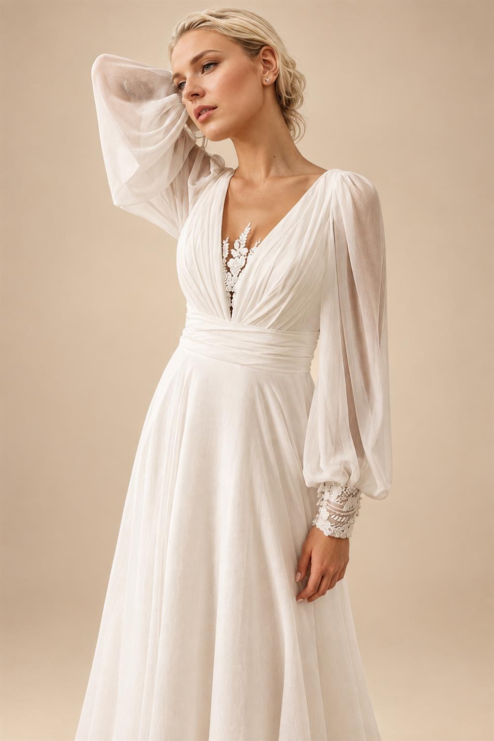 A-Line Wedding Dress Puff Sleeve Illusion Back Chiffon Civil Vestido De Noiva Applique For Women Customized
