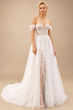 Lace Boho Wedding Dress Off the Shoulder Customized Civil Bridal Beach Wedding Gowns Detachable Sleeves