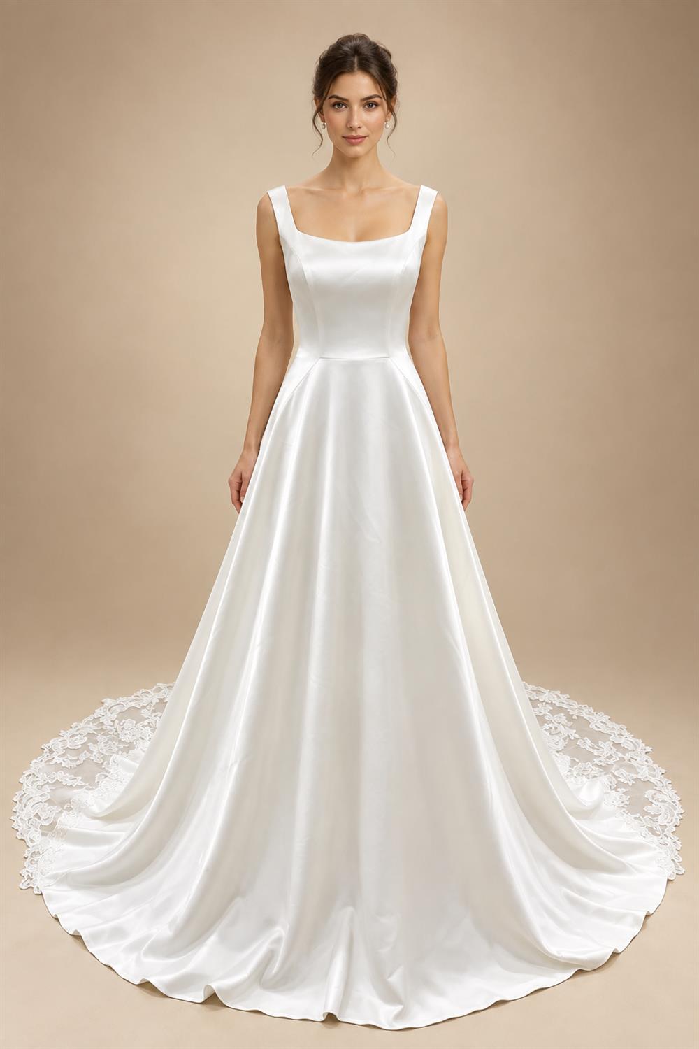 Scoop Neck Crepe Satin Wedding Dress 2027 Real Photos Court Train Elegant Bride Gown For Women Customized