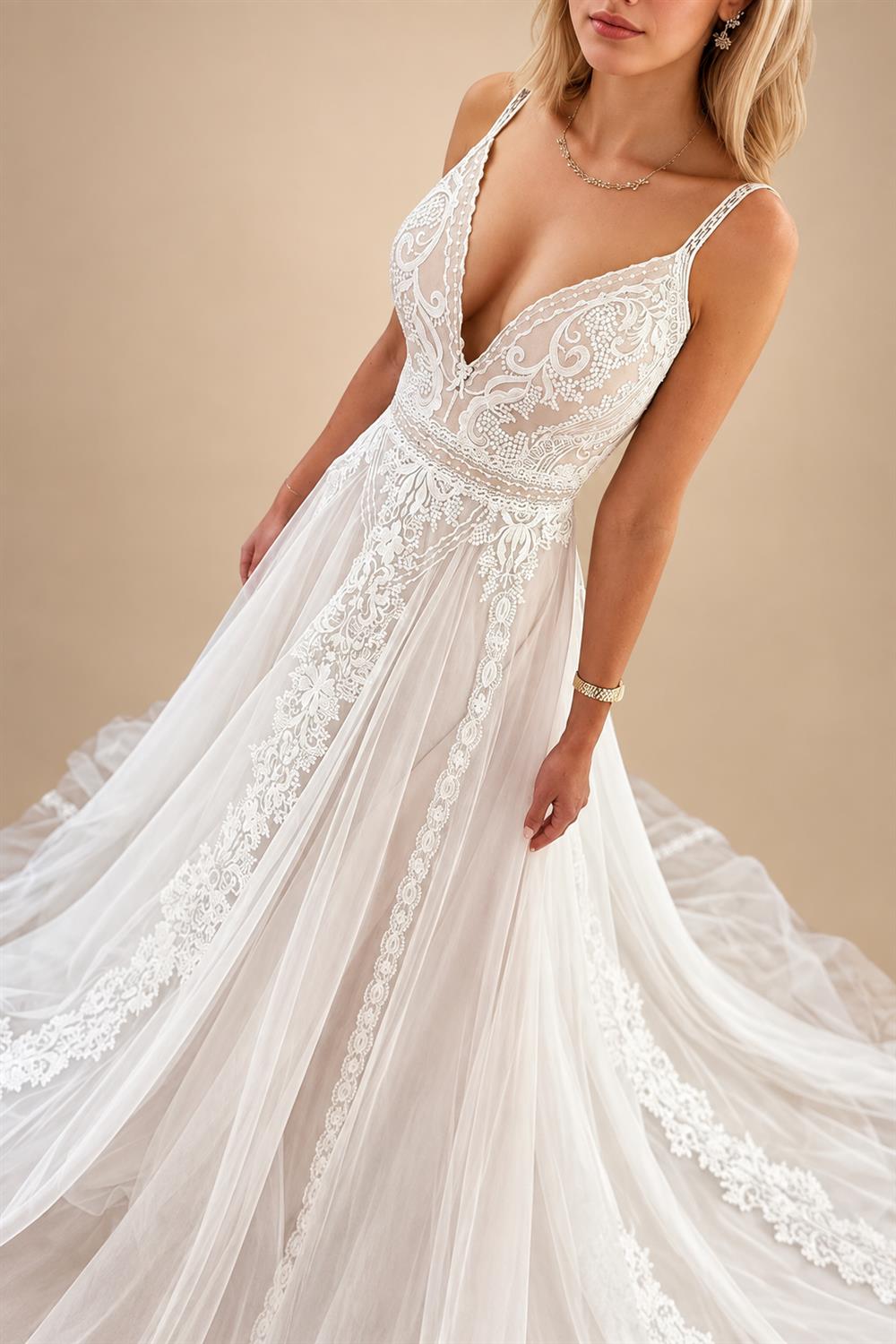 Custom Summer Boho A Line Wedding Dress With Lace V Neck