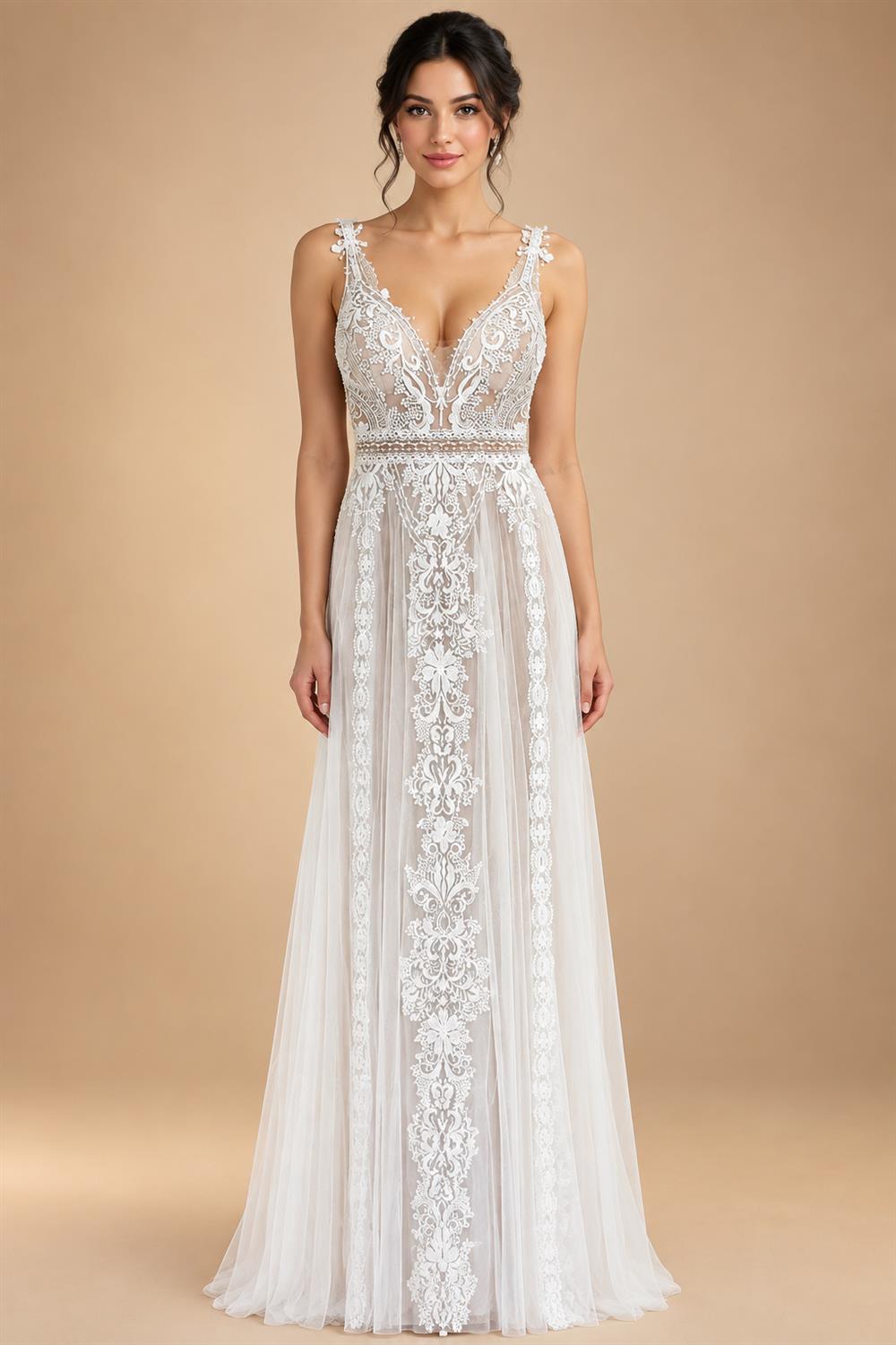 Custom Summer Boho A Line Wedding Dress With Lace V Neck