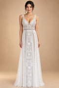 Custom Summer Boho A Line Wedding Dress With Lace V Neck
