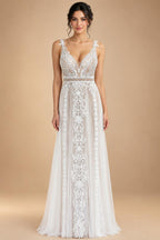 Custom Summer Boho A Line Wedding Dress With Lace V Neck