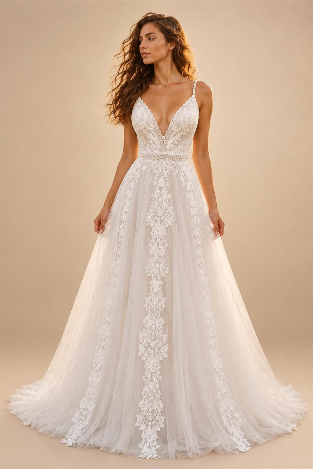 Boho Lace Tulle A-Line Wedding Dress with V-Neck Spaghetti Straps Low Back Romantic Bridal Gown For Outdo Customized