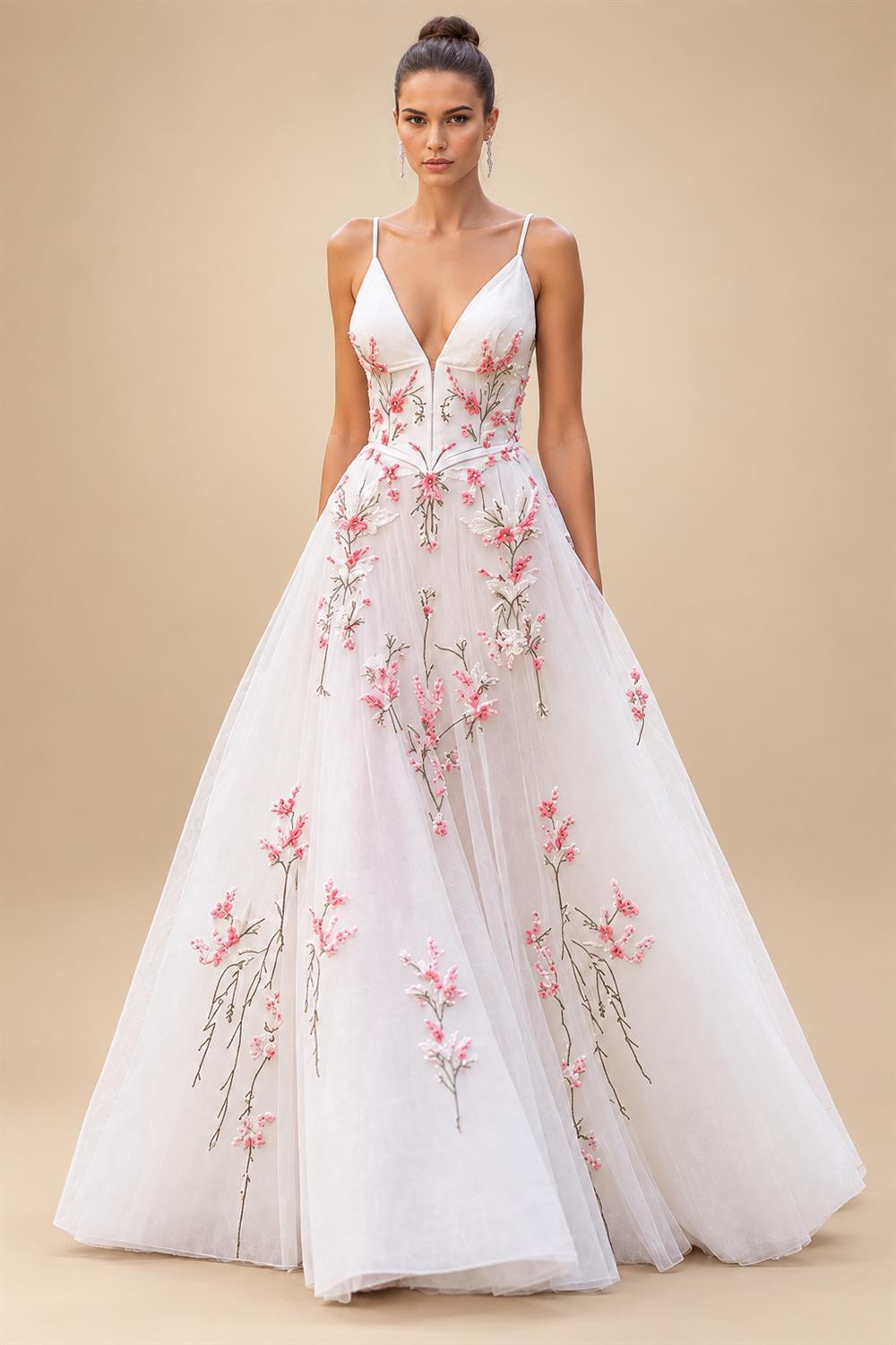 Pink Floral Embroidery V-Neck Wedding Dress Spaghetti Straps A Line Wedding Gown Robe De Mariée Customized