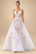 Pink Floral Embroidery V-Neck Wedding Dress Spaghetti Straps A Line Wedding Gown Robe De Mariée Customized