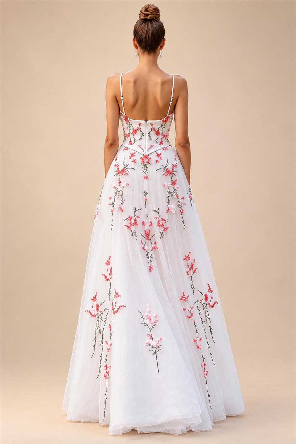 Pink Floral Embroidery V-Neck Wedding Dress Spaghetti Straps A Line Wedding Gown Robe De Mariée Customized