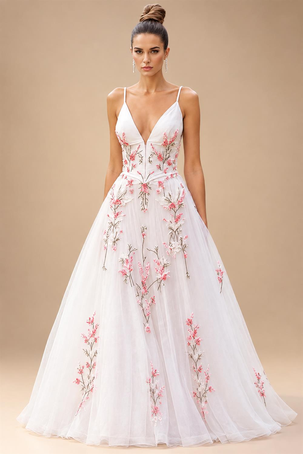 Pink Floral Embroidery V-Neck Wedding Dress Spaghetti Straps A Line Wedding Gown Robe De Mariée Customized