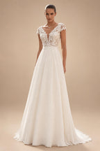 Lace Chiffon Wedding Dress 2026 Brides Boho Women Cap Sleeve V-Neck Open Back Elegant Bridal Gown Customized