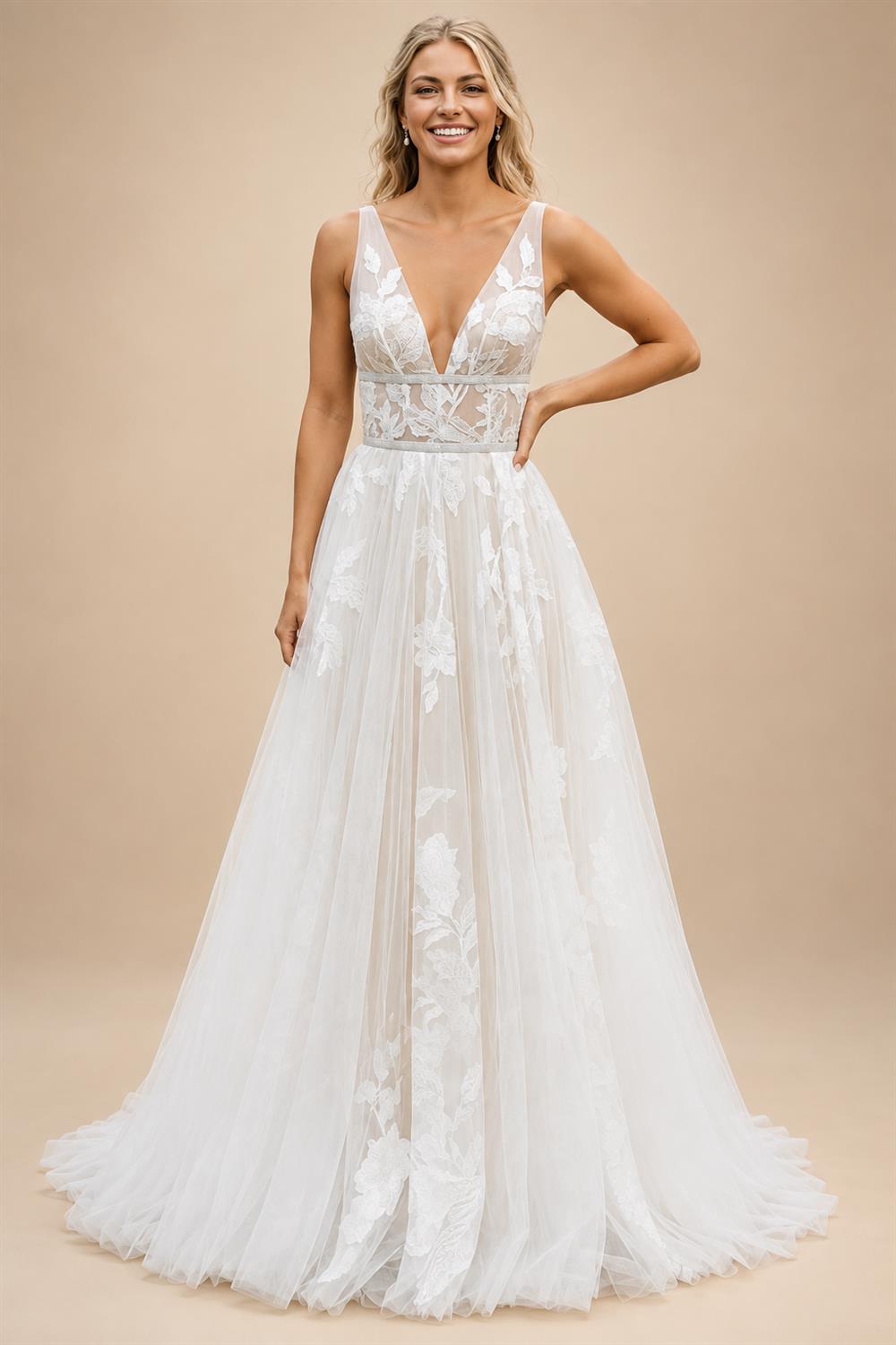 V-neck Lace Wedding Dress with Appliques Floor-Length A-Line Tulle Bridal Gowns Customized