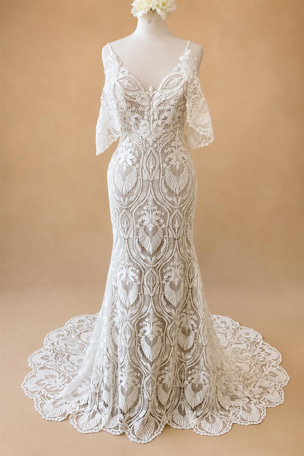 Spaghetti straps Lace Mermaid Boho Bohemian Wedding Dress with Detachable Sleeve 2026 Bridal Gown Customized
