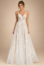 Vintage Champagne Tulle Wedding Dress Customized A-Line Lace Appliques V Neck Backless Bridal Gown Abito Da Sposa
