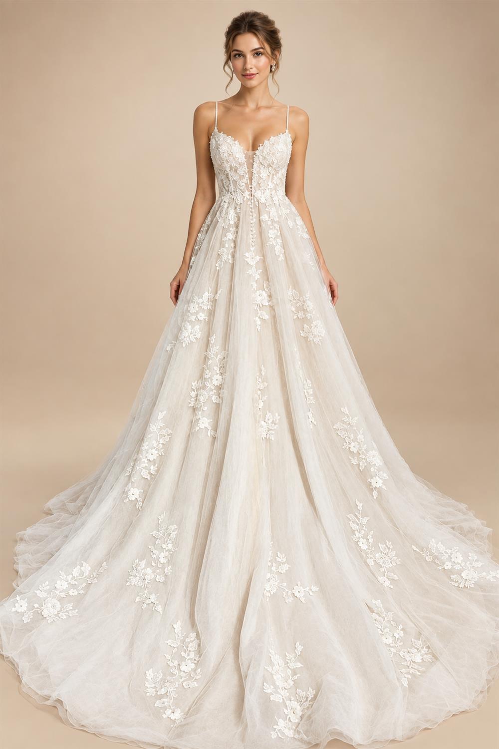 Vintage Champagne Tulle Wedding Dress Customized A-Line Lace Appliques V Neck Backless Bridal Gown Abito Da Sposa