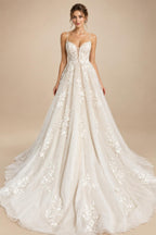 Vintage Champagne Tulle Wedding Dress Customized A-Line Lace Appliques V Neck Backless Bridal Gown Abito Da Sposa