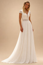 Chiffon A-Line Wedding Gown Short Sleeve Deep V-Neck Lace Draped Women's Backless Vestido De Noiva Customized