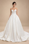 V Neck Wedding Gowns for Women Bride Elegant Satin Sleeveless Pleats Robe Civil Bridal Wedding Dress Customized