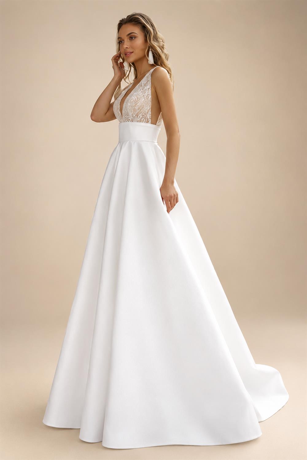 Glitter Sequins Sexy V-Neck Wedding Dress Satin Retro Backless Pearls Zipper Plus Size Customized Soft Bridal Gown