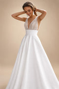 Glitter Sequins Sexy V-Neck Wedding Dress Satin Retro Backless Pearls Zipper Plus Size Customized Soft Bridal Gown