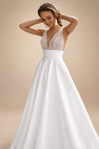 Glitter Sequins Sexy V-Neck Wedding Dress Satin Retro Backless Pearls Zipper Plus Size Customized Soft Bridal Gown