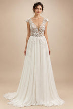 Cap Sleeve Lace V Neck Backless Wedding Dress Women Elopement Beach Bohemian Bridal Gown Customized Vestido