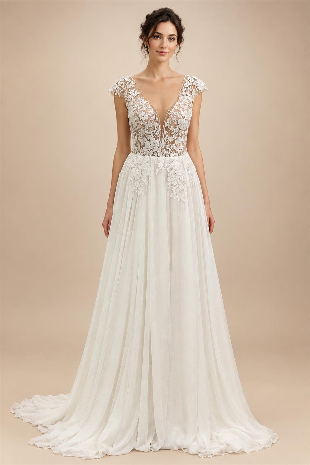 Cap Sleeve Lace V Neck Backless Wedding Dress Women Elopement Beach Bohemian Bridal Gown Customized Vestido