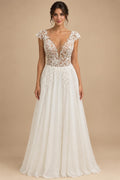 Cap Sleeve Lace V Neck Backless Wedding Dress Women Elopement Beach Bohemian Bridal Gown Customized Vestido