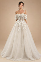 Off the Shoulder Champagne Wedding Dresses For Woman Bride Lace Appliques Vestidos De Casamento Customized
