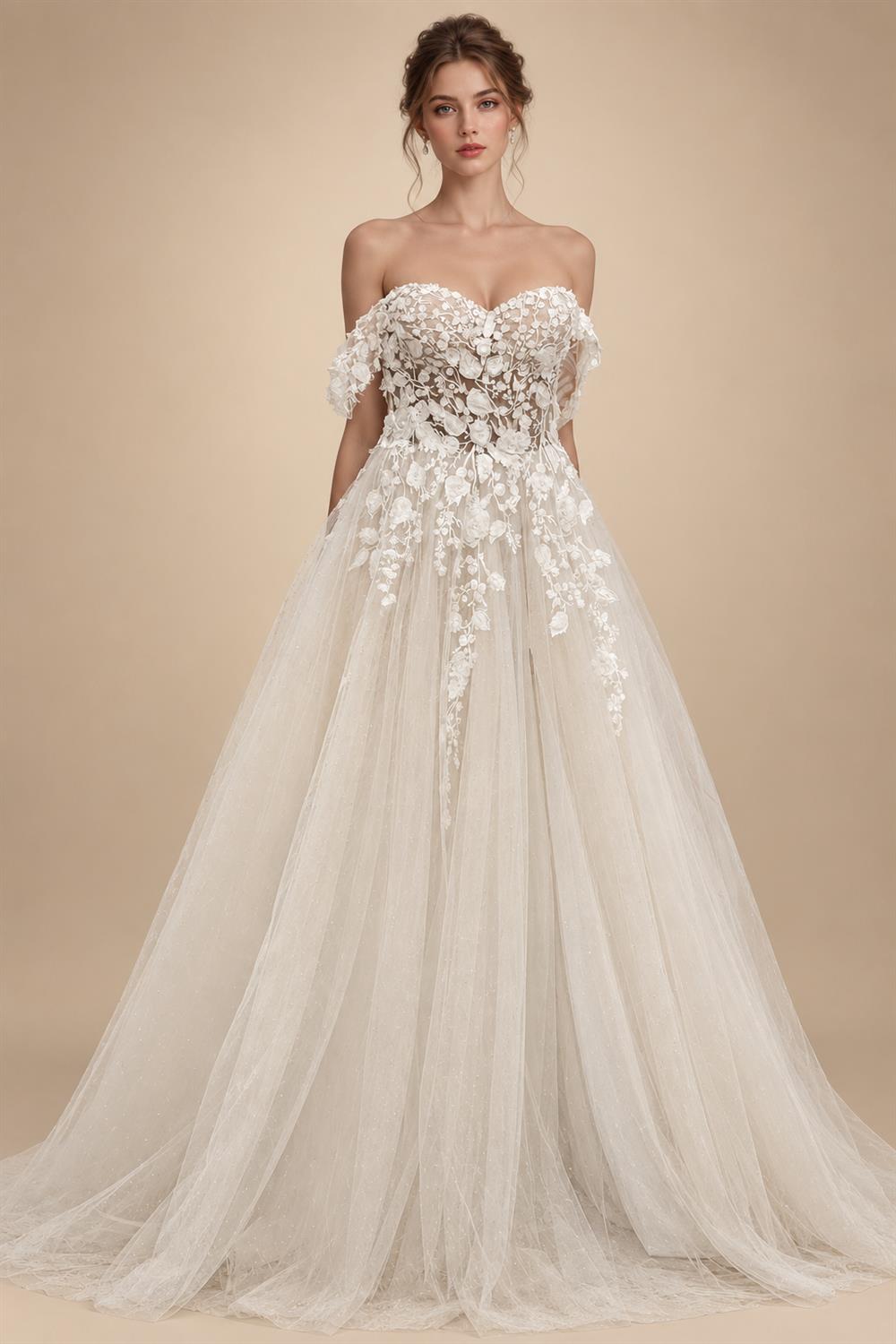 Off the Shoulder Champagne Wedding Dresses For Woman Bride Lace Appliques Vestidos De Casamento Customized