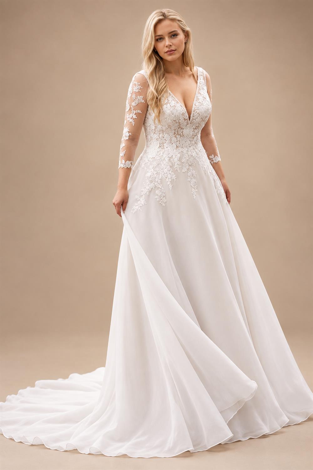 Custom Plus Size Wedding Dress Long Sleeves A Line Lace Applique Gown