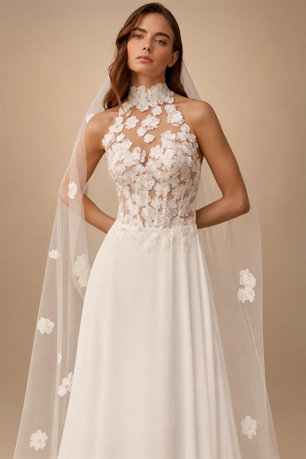 Bohemian Halter Chiffon A-Line Wedding Dress with Appliques Sleeveless Lace Backless Bridal Gowns Customized