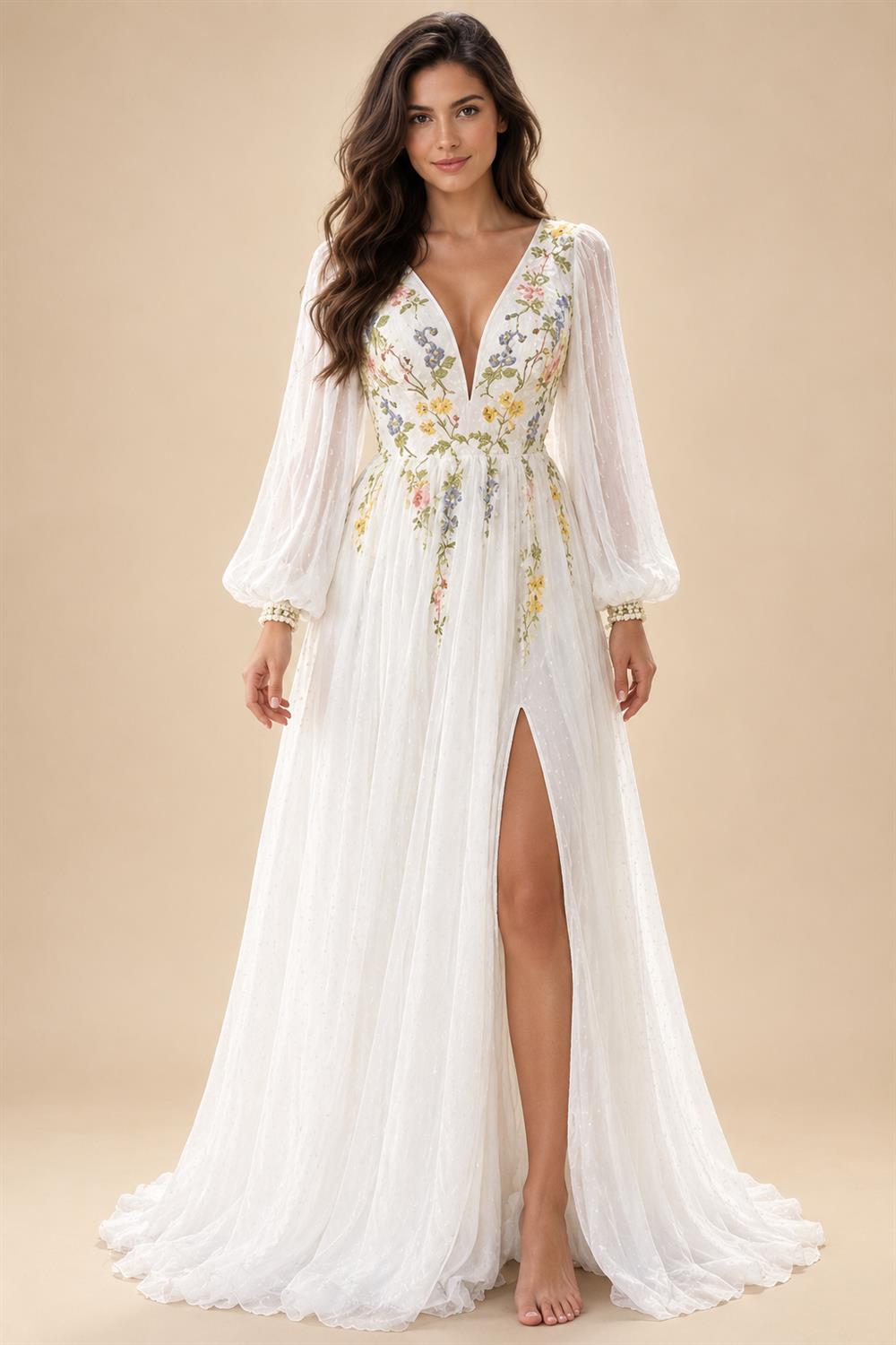 Floral Embroidered Chiffon A Line V Neck Wedding Gown Puff Sleeve Customized