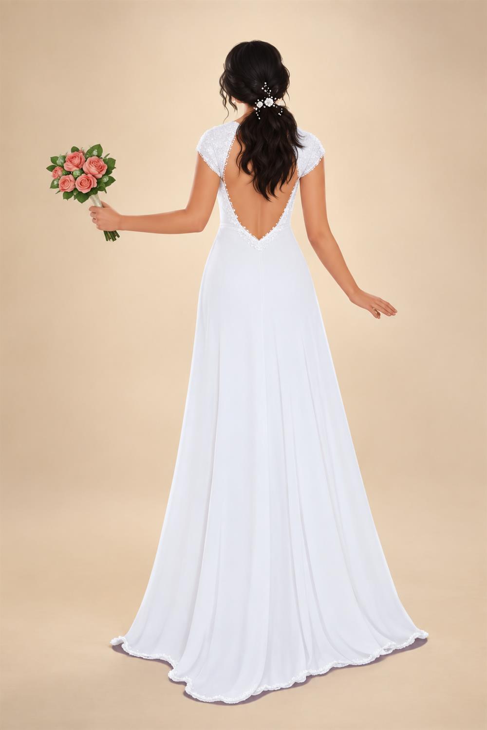 Floral Embroidered Chiffon A Line V Neck Wedding Gown Puff Sleeve Customized