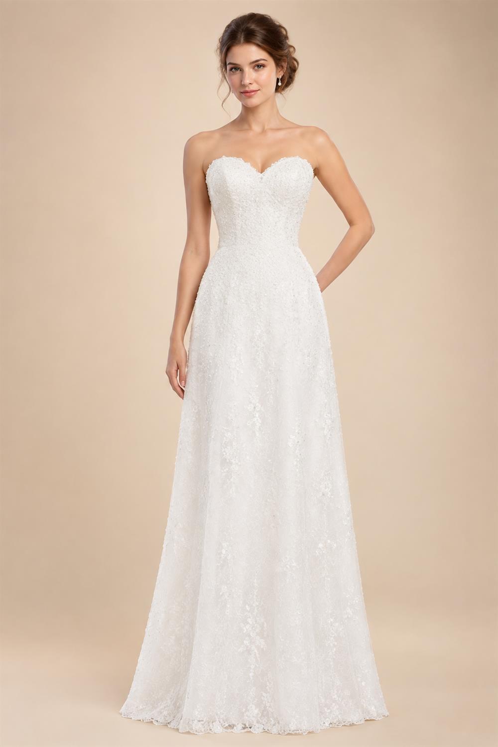 Floral Embroidered Chiffon A Line V Neck Wedding Gown Puff Sleeve Customized