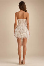Short Mini Feathered Wedding Dress Sparkly Reception Customized Strapless Bridal Gown No Gloves New Arrival Bride We