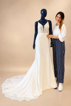 Deep V Neck Soft Satin Wedding Dresses Robe de mariee Court Train Appliques Bridal Gown Plus Size