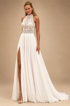 Bohemian Beach Wedding Dress Open Back Lace Halter Neck High Slit A Line Chiffon Bridal Dresses Customized