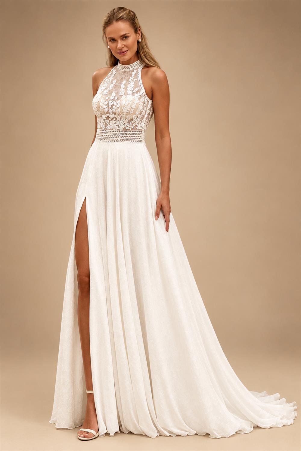 Bohemian Beach Wedding Dress Open Back Lace Halter Neck High Slit A Line Chiffon Bridal Dresses Customized