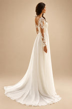 Boho Beach Chiffon Wedding Dress Deep V‑Neck Flutter Short Sleeves Lace Appliques A‑Line Bridal Gown Customized