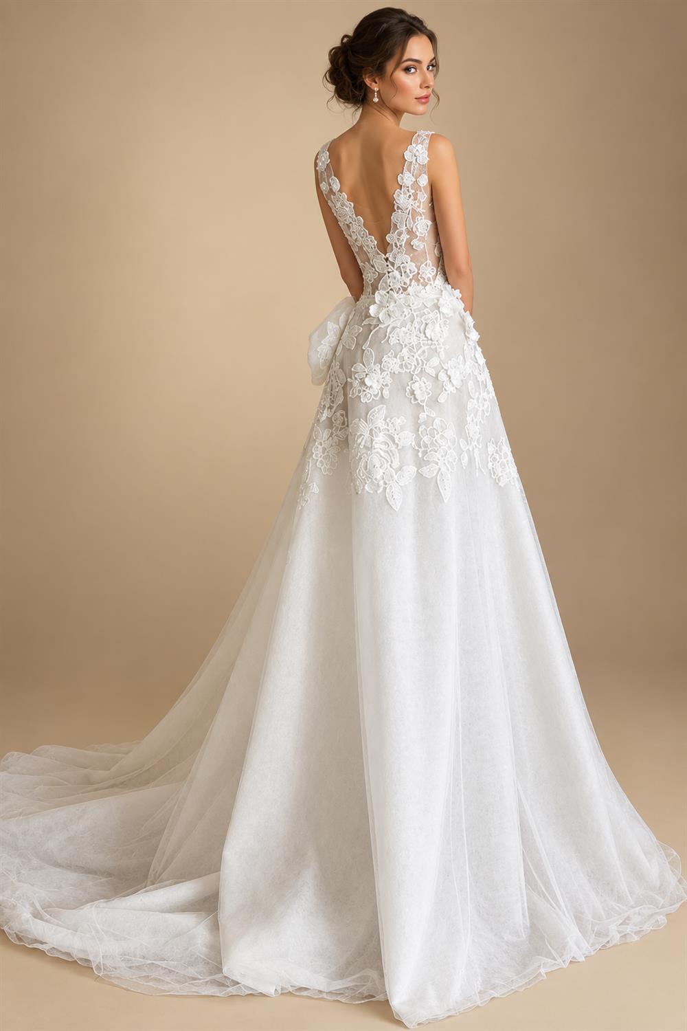 Deep V Neck Lace Flowers Wedding Dress for Women with Bow Beach A Line Court Trian Wedding Gowns Customized